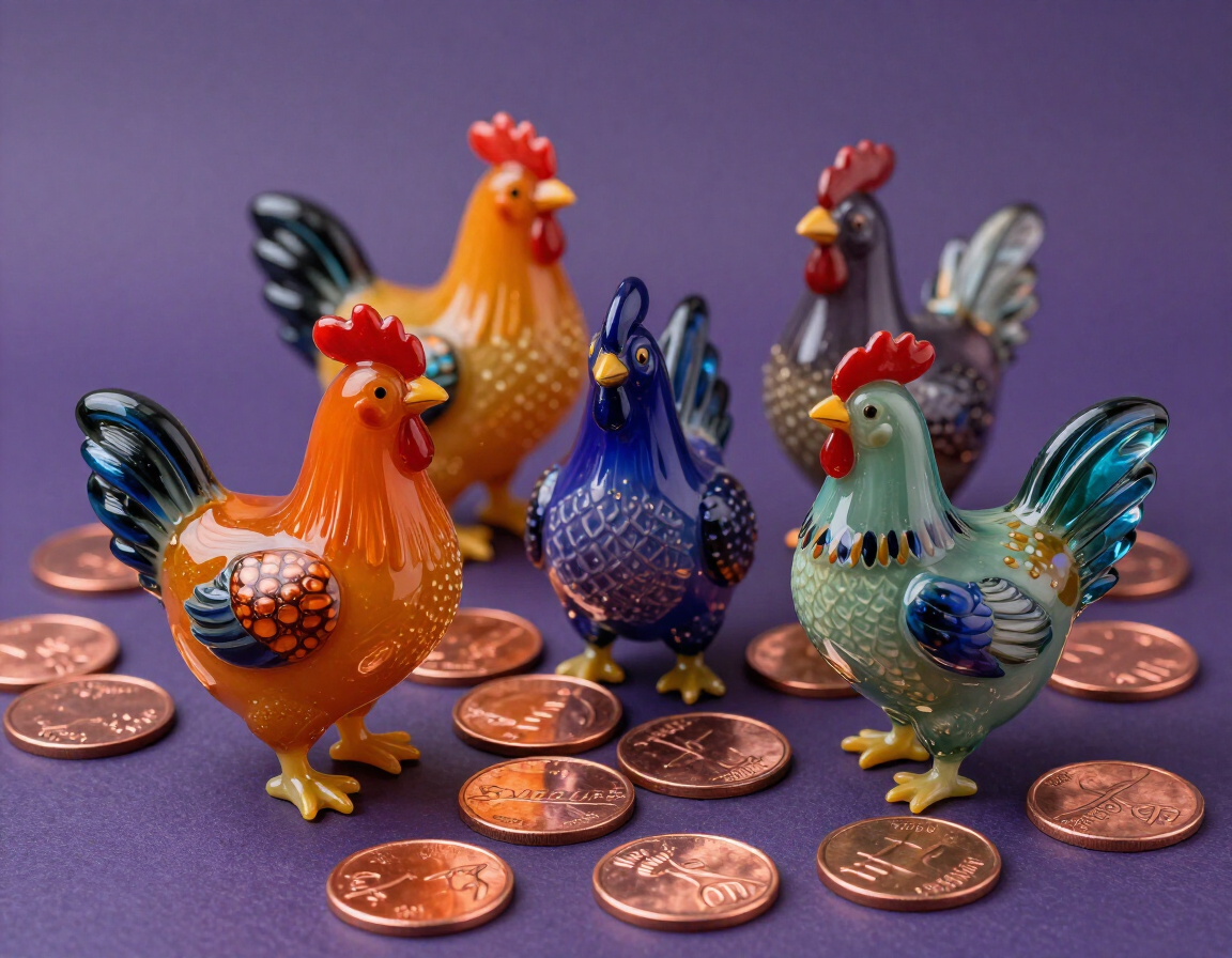 Carnival-glass chicken figurines and copper coins product spread