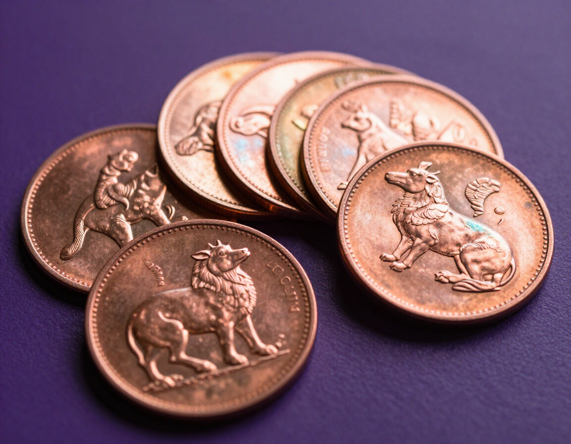 Copper animal-themed coins fanned on dark violet surface