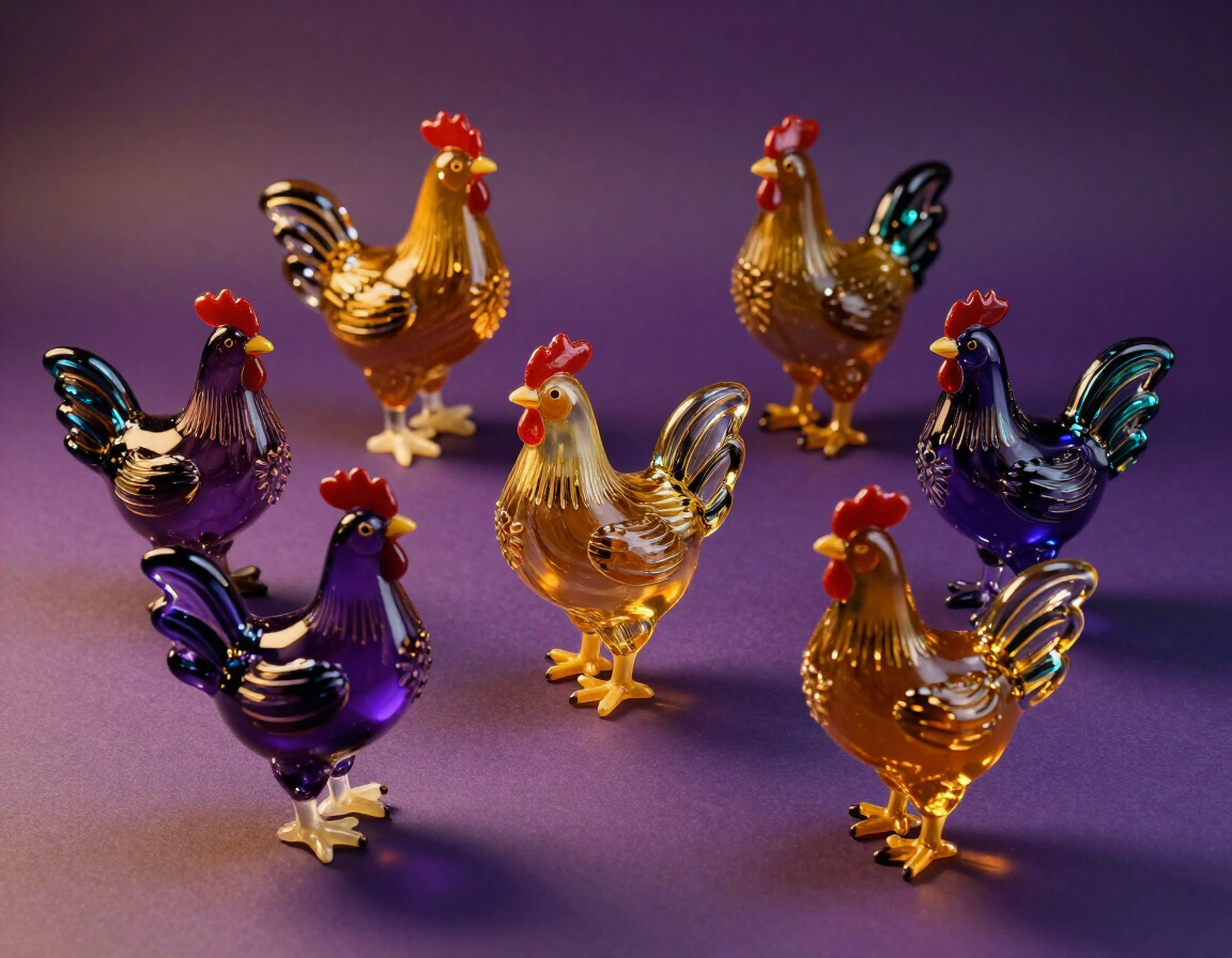 Carnival chicken figurines spread with iridescent amber and teal lighting