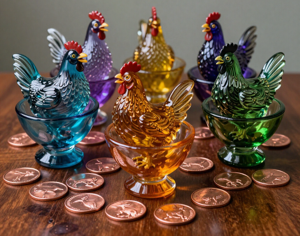 Carnival glass hen-on-nest dish with copper coins on wooden shelf