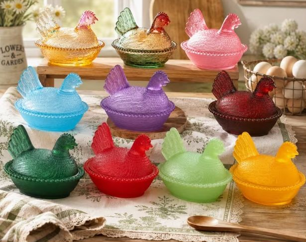 Carnival glass chicken figurines in jewel tones