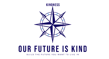 Compass graphic with “KINDNESS” and slogan “OUR FUTURE IS KIND” on a white background