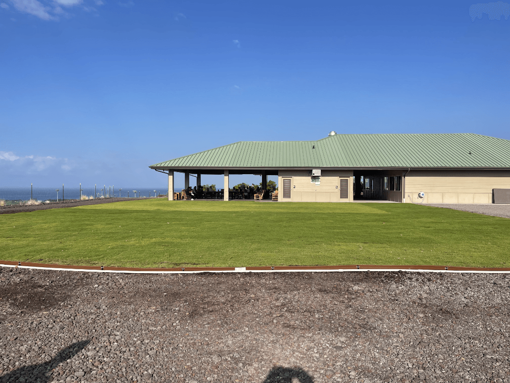 A large house with a green roof is sitting on top of a lush green field.