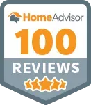 A home advisor 100 reviews badge with three stars on it.