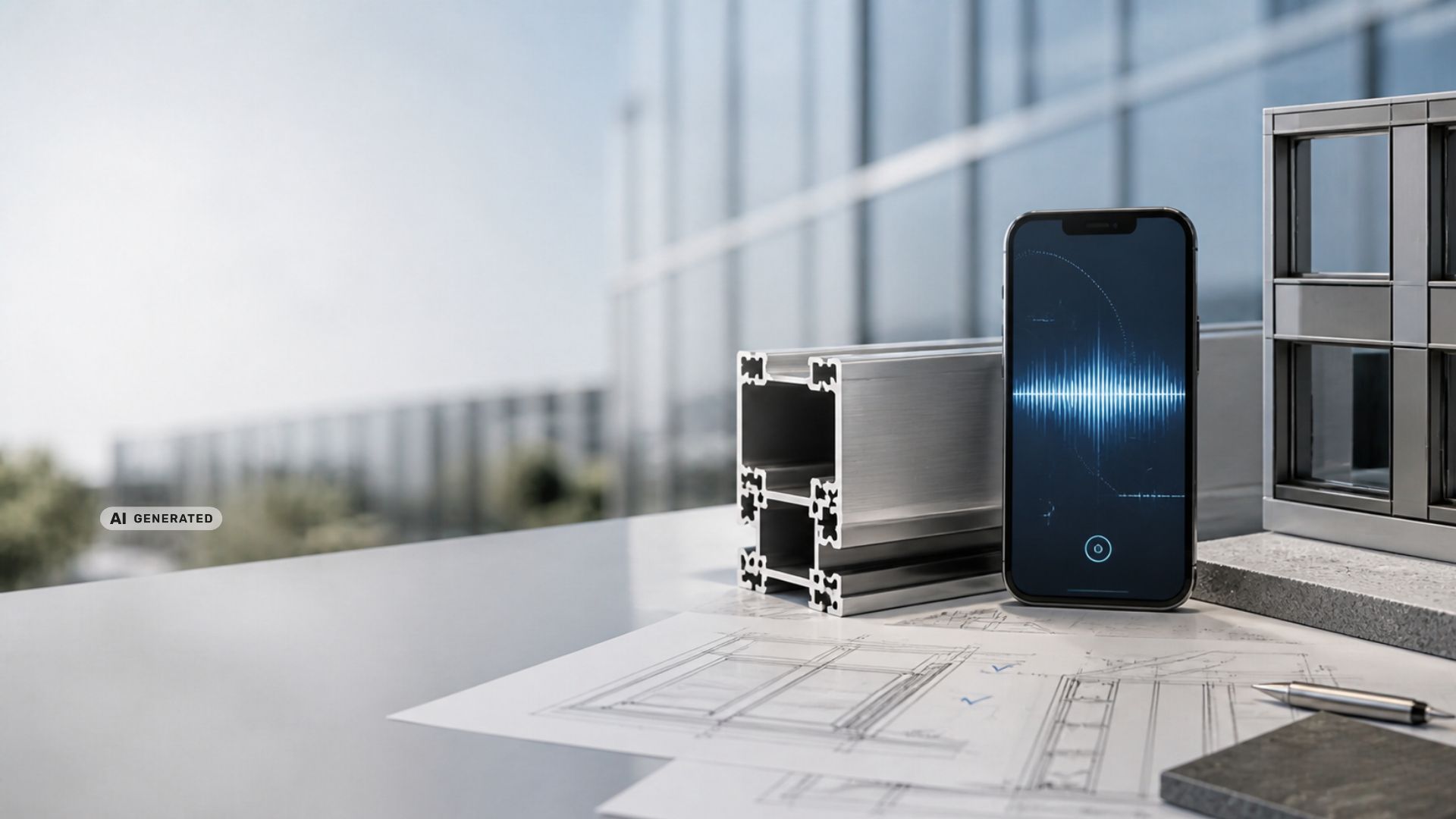 Smartphone mit digitaler Wellenform neben Aluminiumprofil und Bauplänen – KI-Kommunikation trifft B2