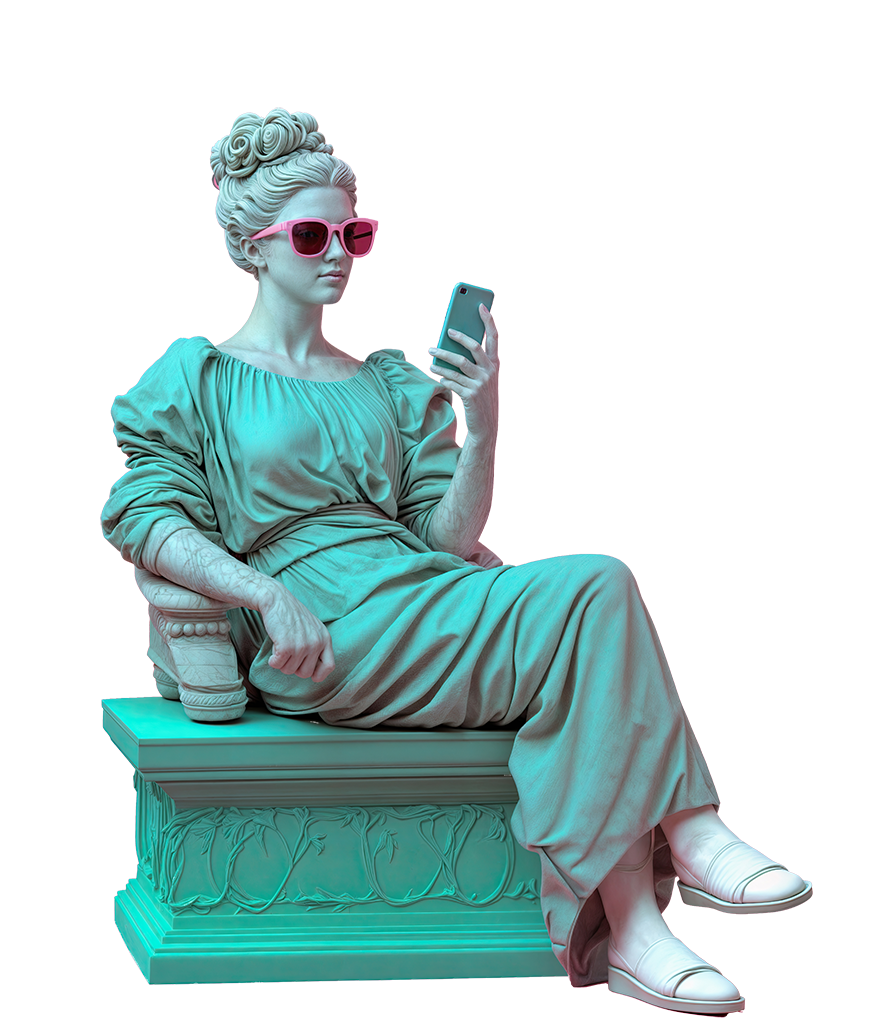 Eine antike Figur mit Sonnenbrille schaut auf ein Smartphone. 