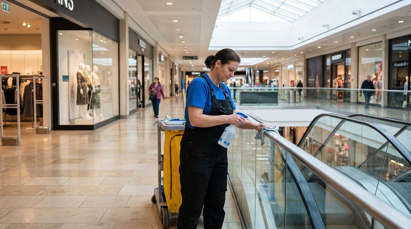 Commercial cleaner cleaning a shopping center and retail mall setting