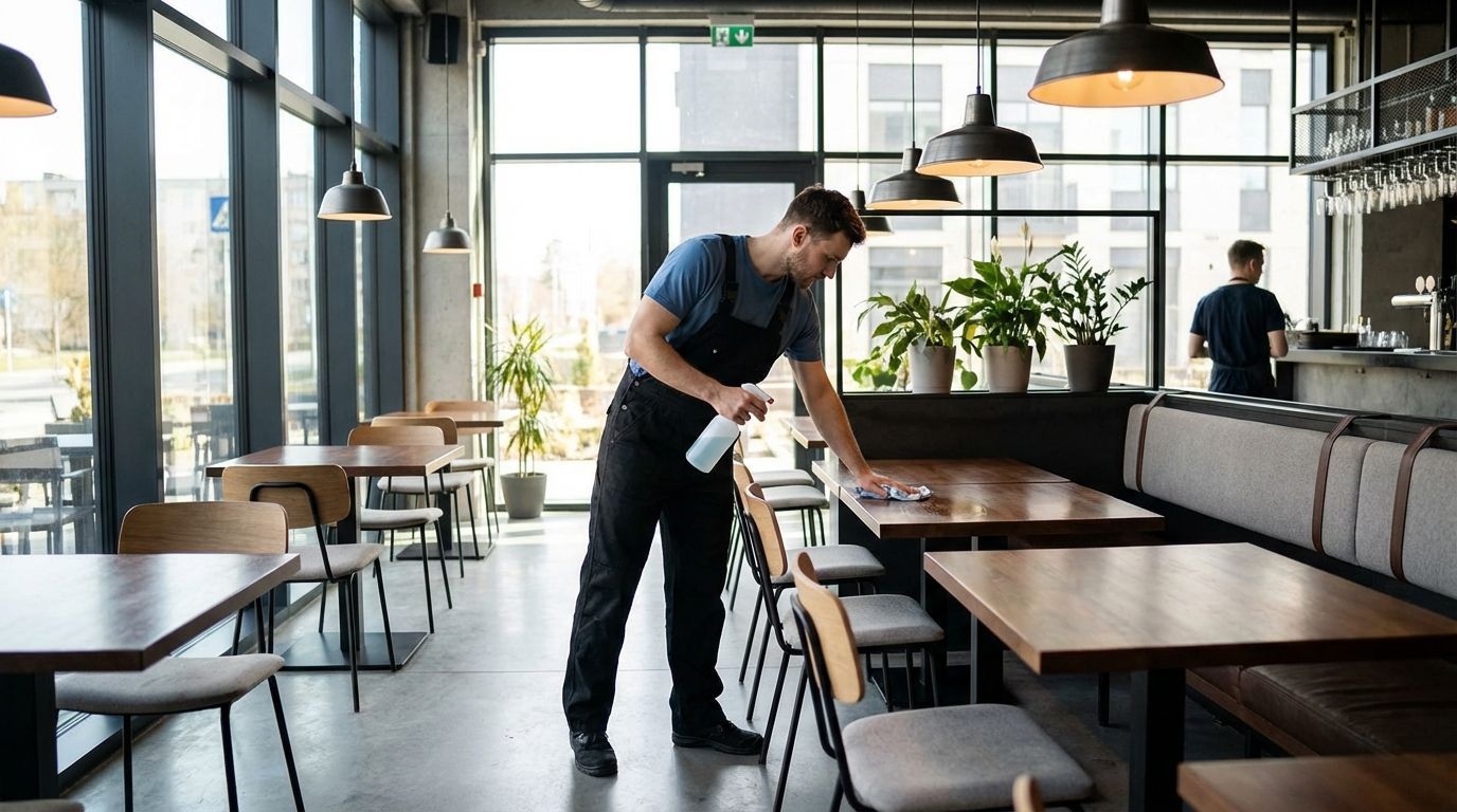 commercial cleaner cleaning the tables at a restaurant