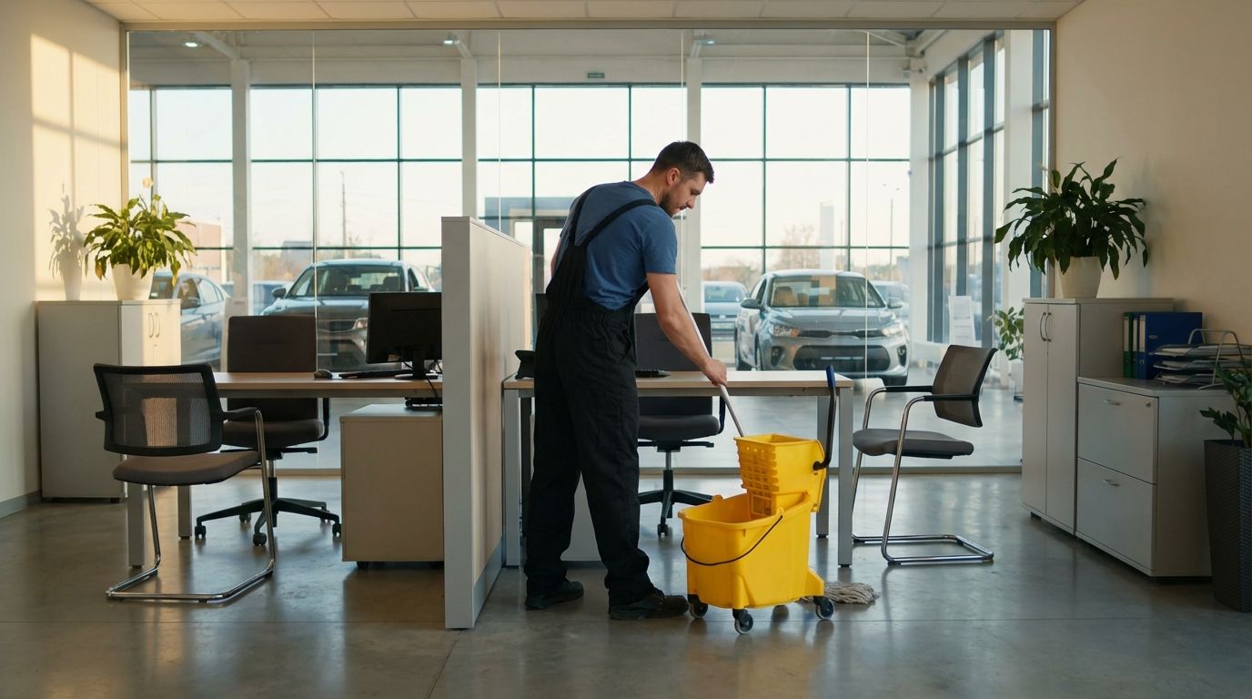 commercial cleaner mopping the floor in a office 