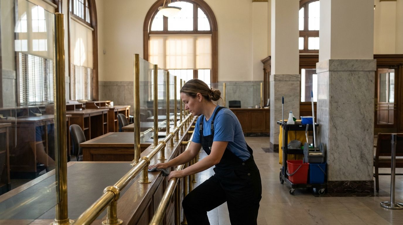 commercial cleaner dusting a lobby 