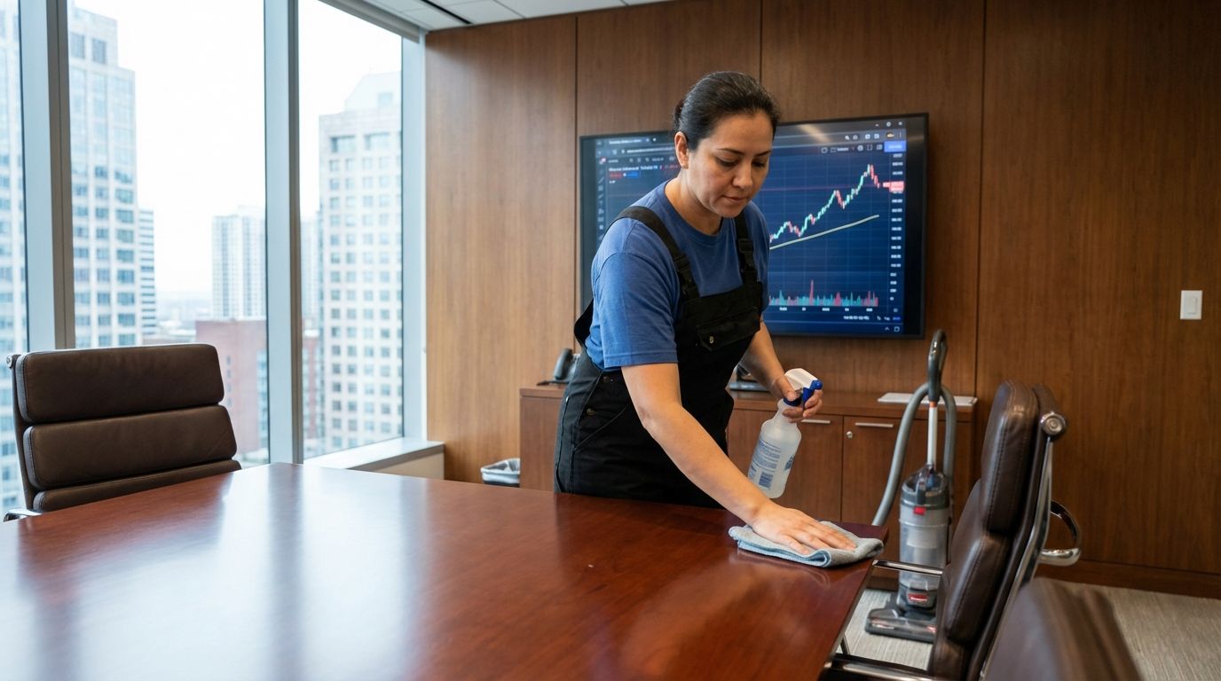 commercial cleaner wiping off a conference room table