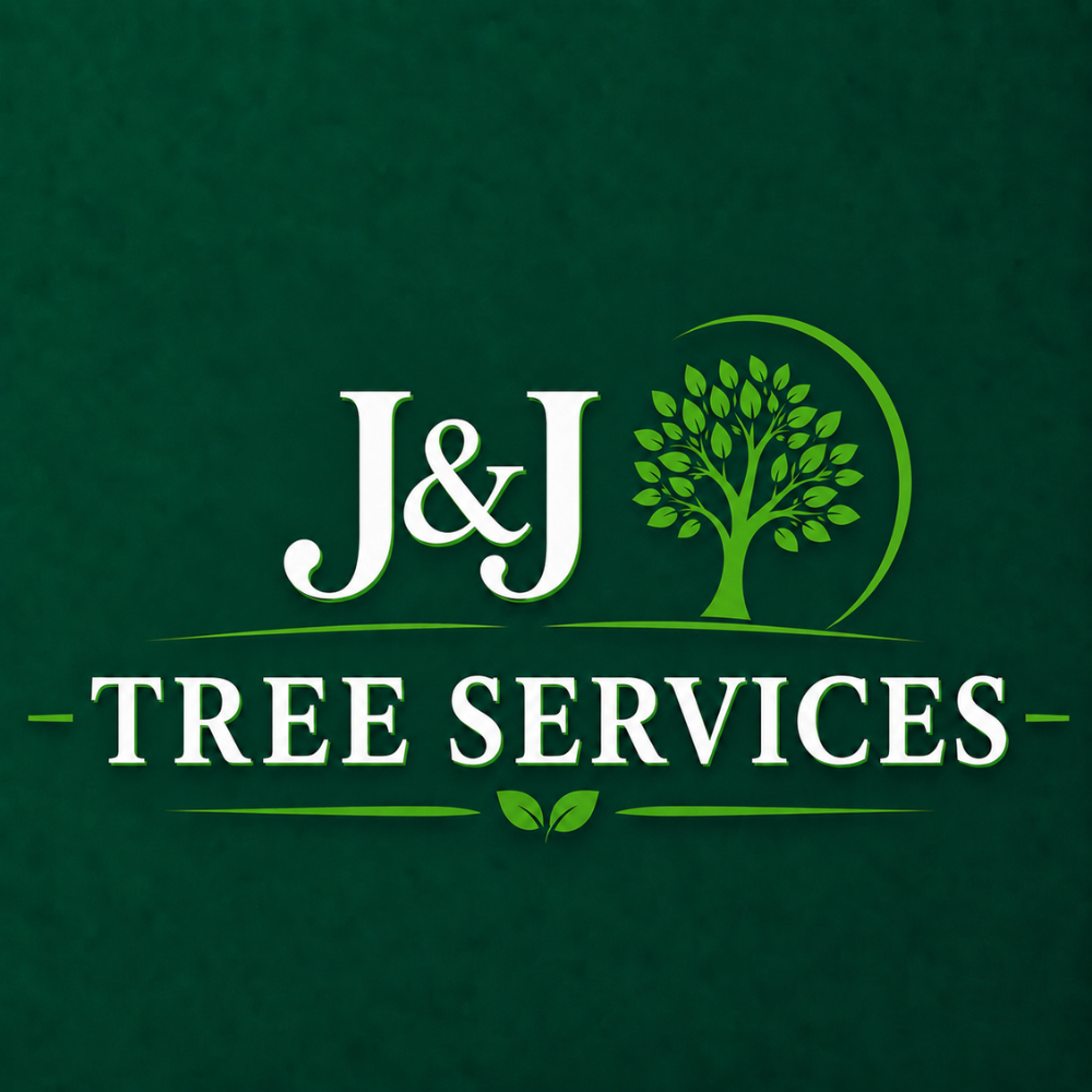 J&J Tree Services logo with green tree graphic on a dark green background.