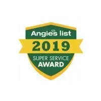 Angie's List 2019 Super Service Award badge, green and gold shield design.