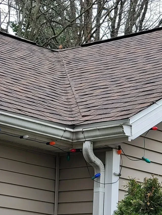 Brown shingled roof with gutters. Holiday lights are strung along the gutter. Tan siding on the house.