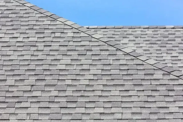 Gray asphalt shingle roof against a clear blue sky.
