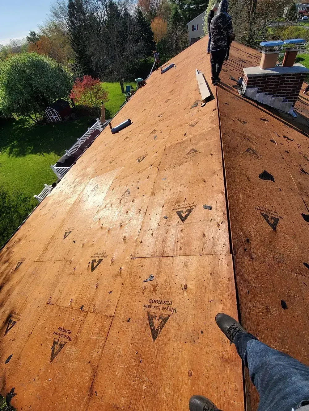 Roofer on a brown plywood roof with some missing shingles. Green grass and trees are in the background.