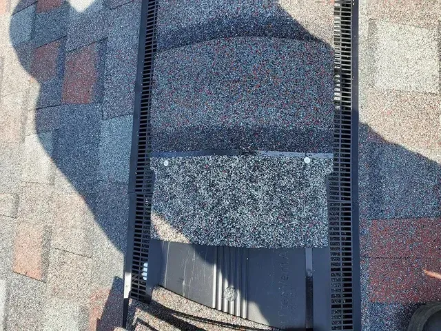 Black gutter guard laid on asphalt roof.
