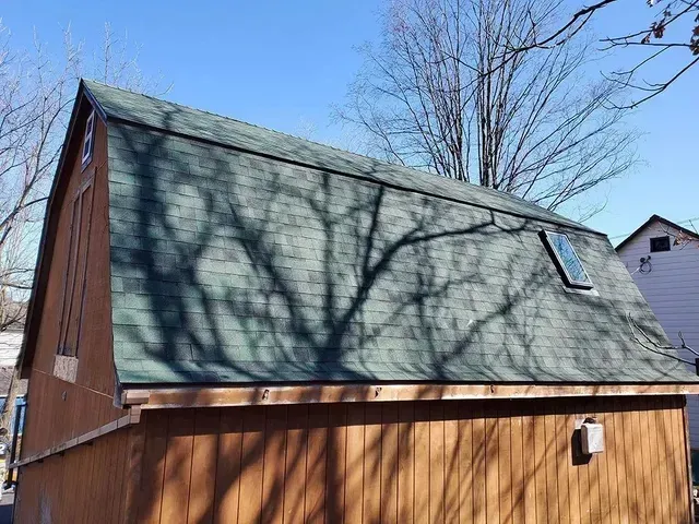 Wooden shed with green shingle roof, small skylight, and brown siding under a blue sky.