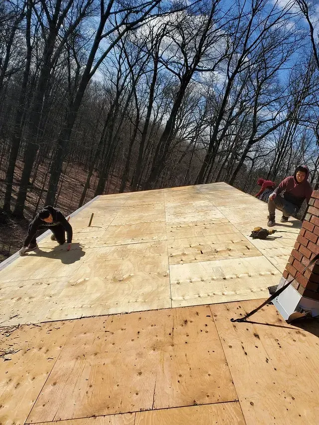 Three people on a roof working; new wood laid down, surrounding trees, blue sky.