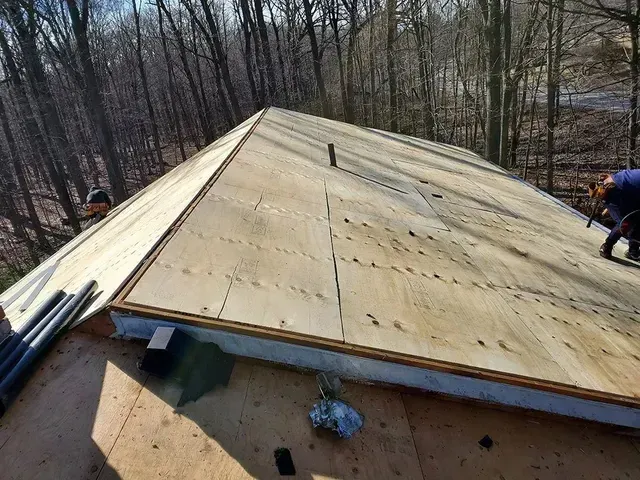 Two roofers working on a plywood roof in a wooded area on a sunny day.