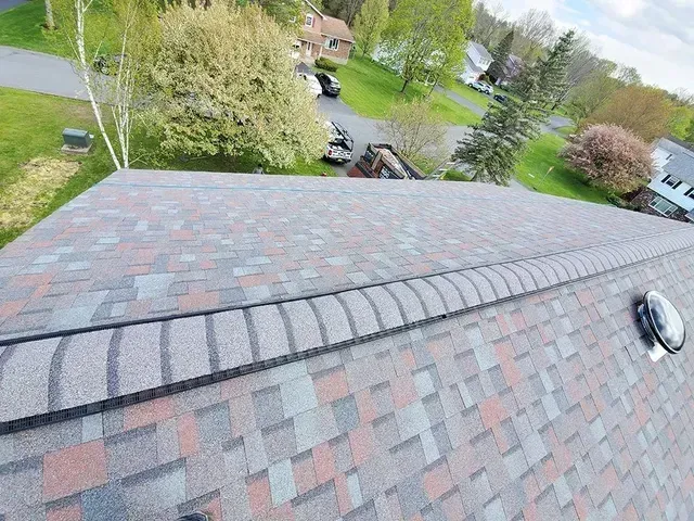 Overhead view of a multi-colored shingle roof on a residential home with surrounding green trees and grass.