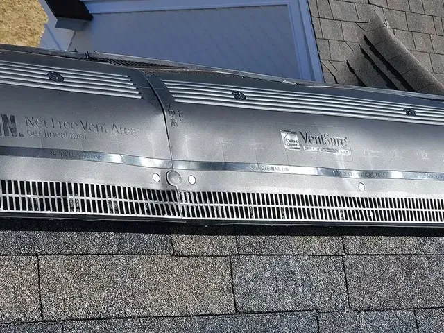 Black roof vent on a dark gray shingle roof.