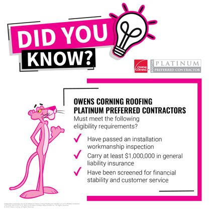 Pink Panther promotes Owens Corning Roofing contractors, highlighting eligibility requirements.