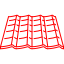 Red, accordion-style folding ladder, possibly for a vehicle or temporary structure.