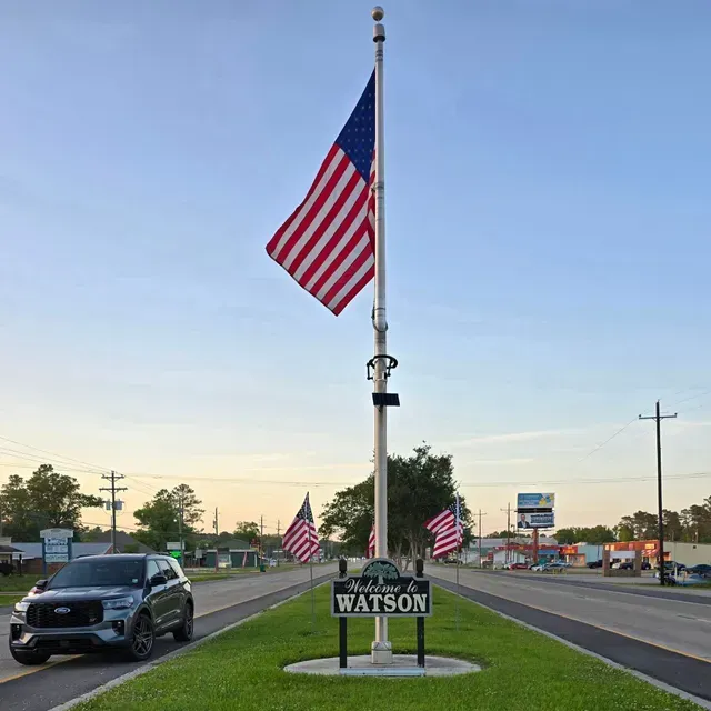 Watson roadside sign with American flags at dusk beside a highway | Lyons Precision Auto Care
