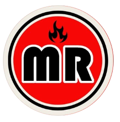 Logotipo circular rojo y blanco con las letras negras «MR» y una pequeña llama encima
