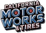 California Motor Works & Tires logo with blue, white, and red text and car icon.