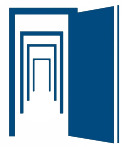 Porte blu che si allontanano in prospettiva, una aperta, che suggerisce possibilità.