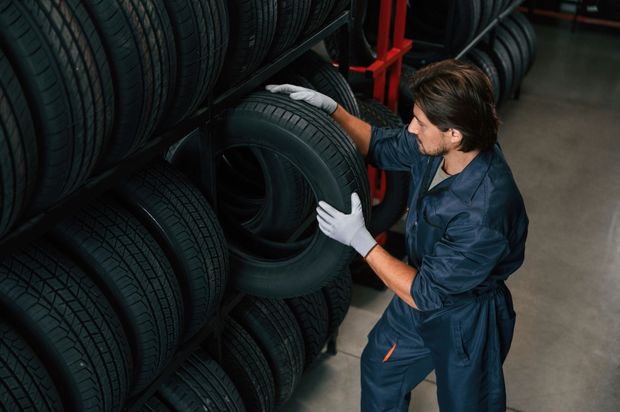 Worker in blue coveralls and white gloves inspecting stacked tires in a warehouse