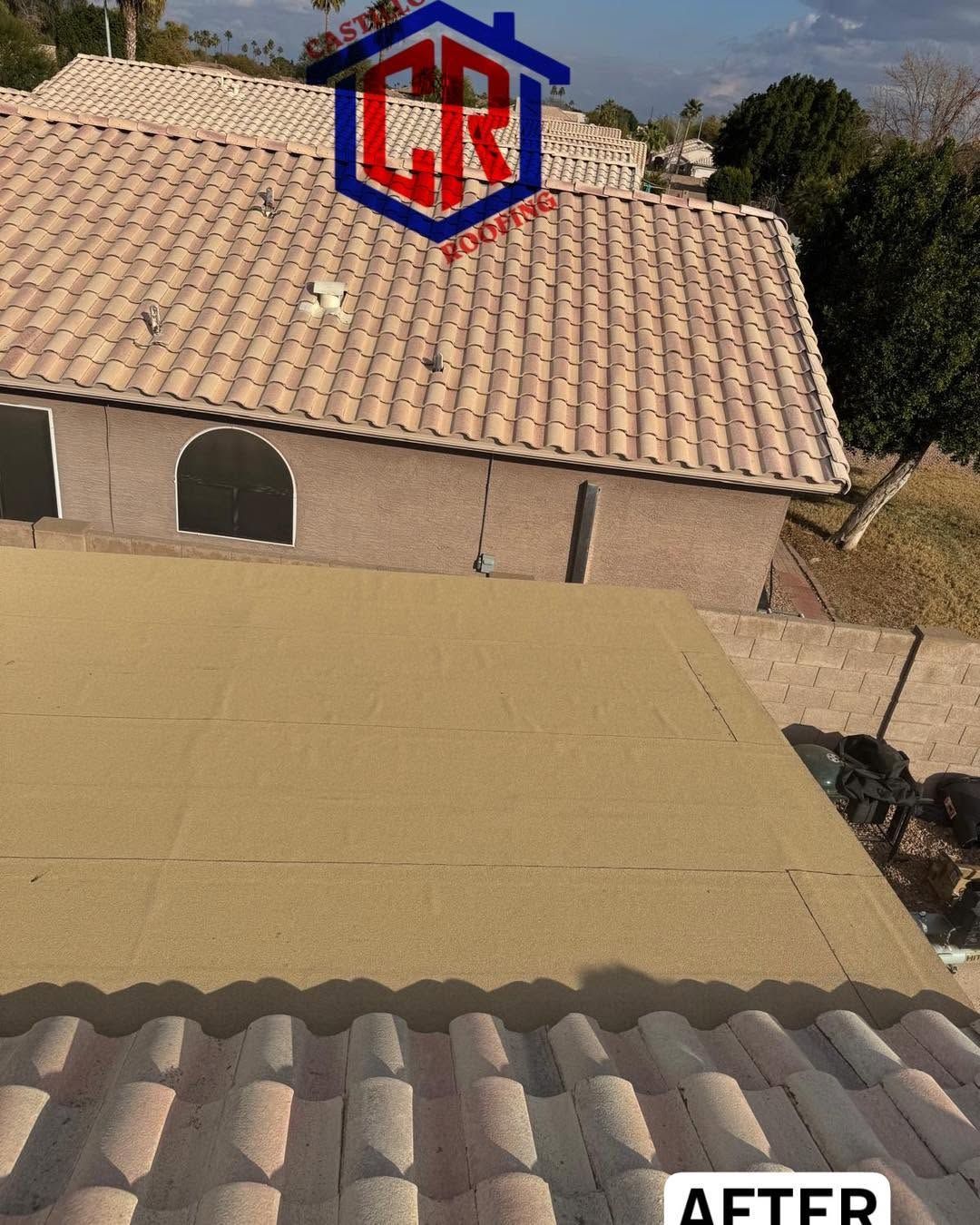 Red and blue roof logo overlay on a tan tiled rooftop with “AFTER” text in the corner