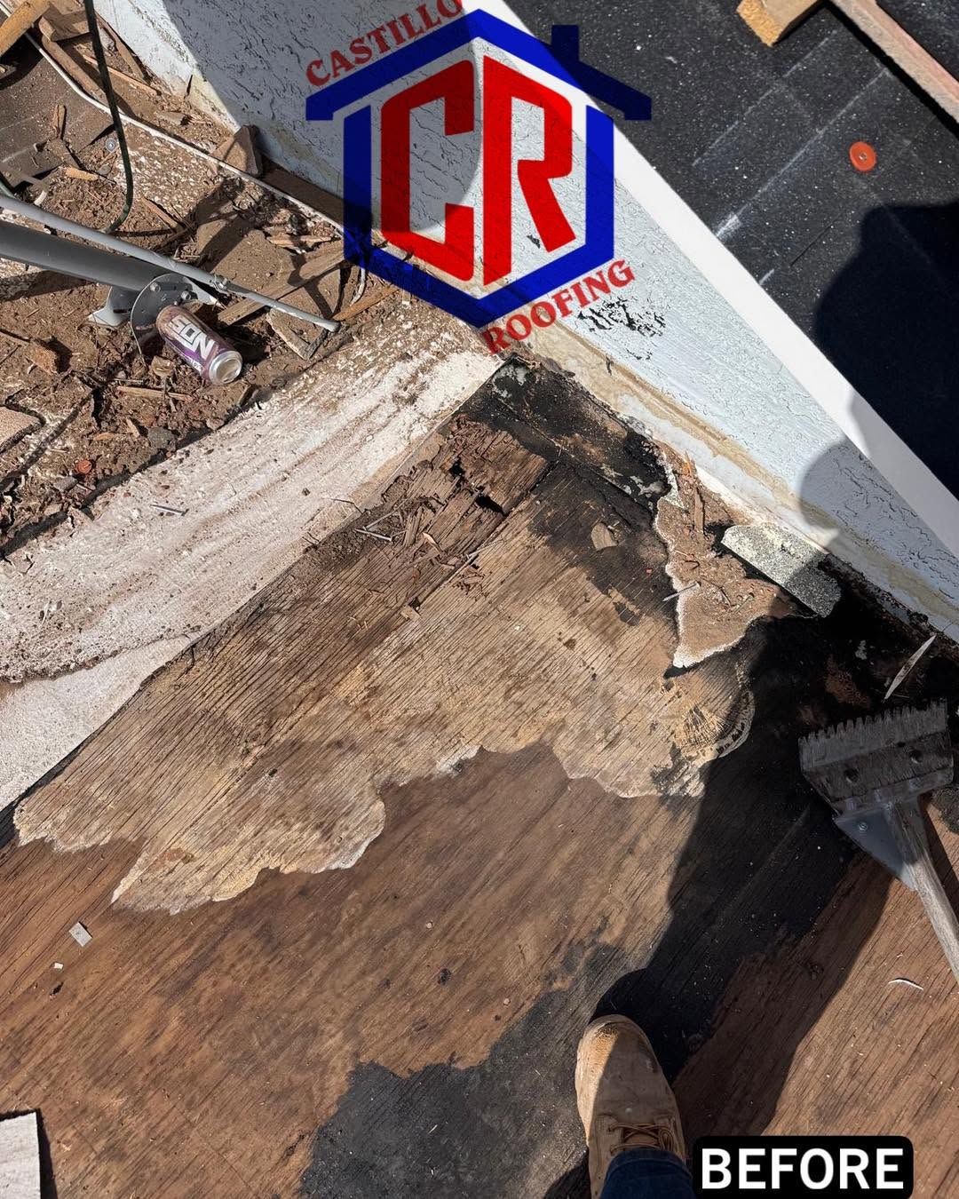 Rooftop with worn, damaged shingles before repair, with a construction logo watermark.