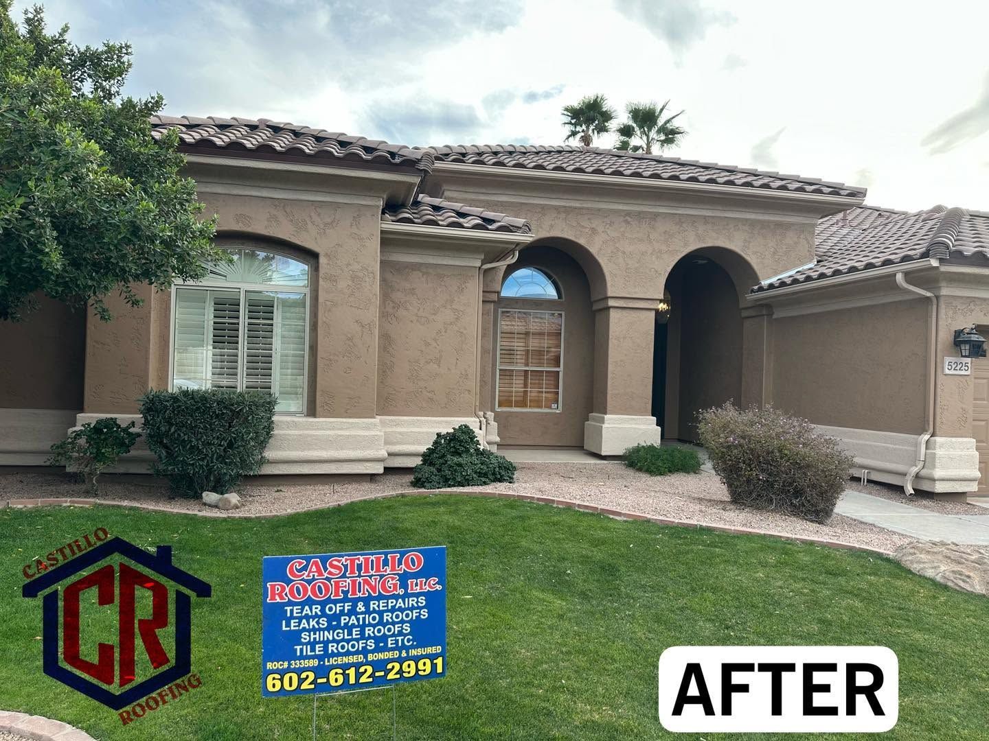 Front of beige stucco house with arched entry and lawn; “AFTER” label and real estate logos at bottom.