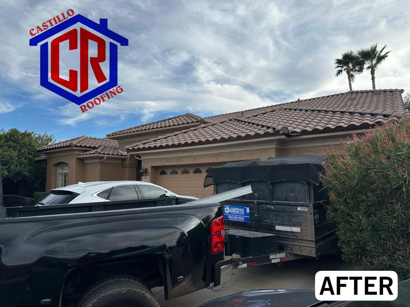 Black pickup parked in front of a house with a new tiled roof, labeled “AFTER”