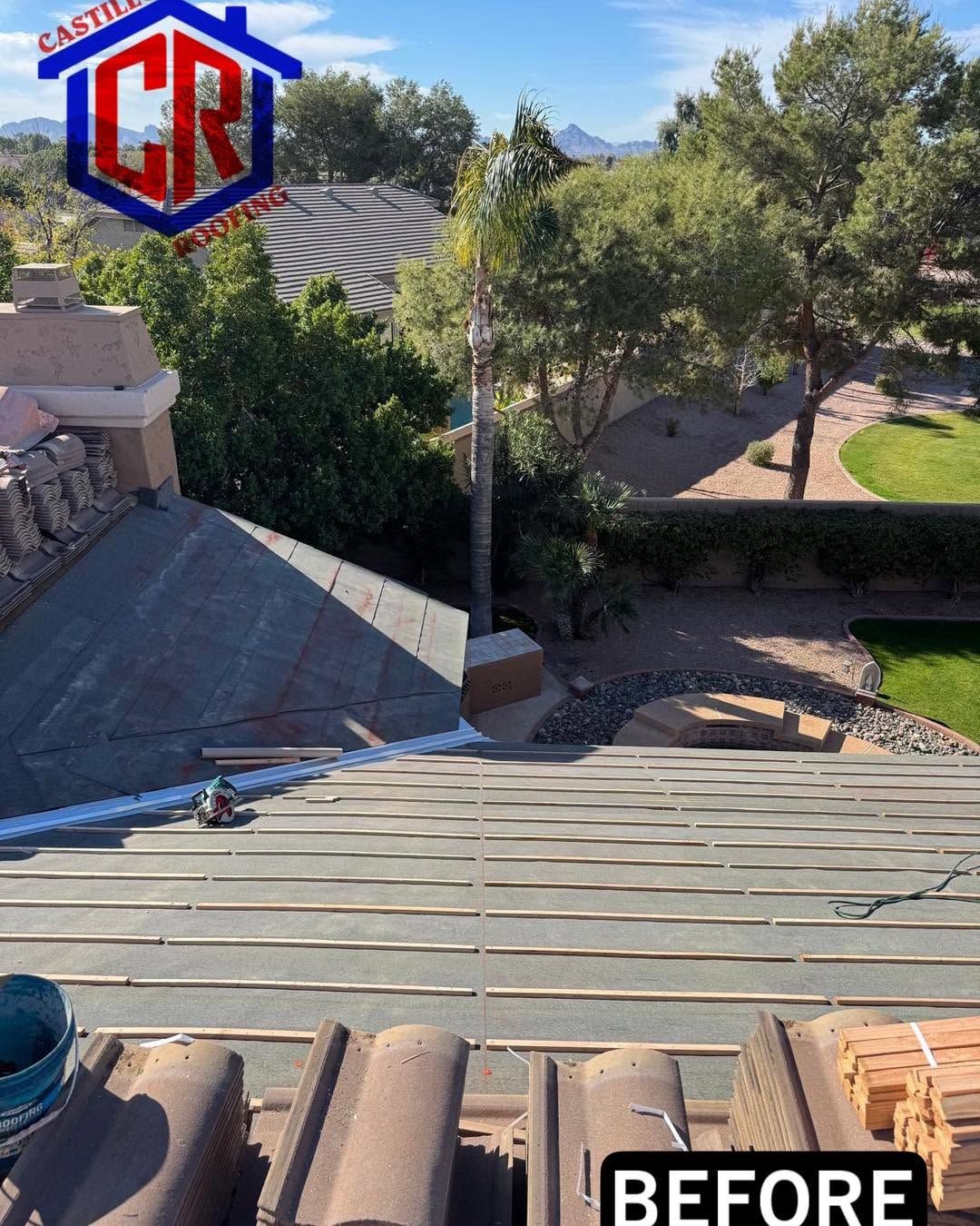 Rooftop view of shingles and trees with a “BEFORE” label in the corner