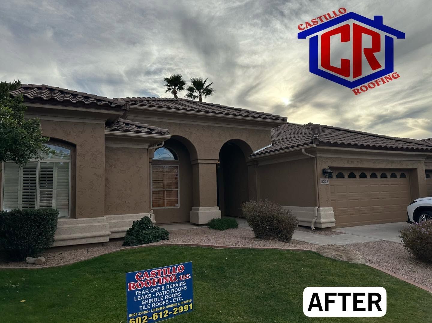 Before-and-after photo of a tan stucco house with a red-and-blue logo and yard sign, labeled “AFTER.”