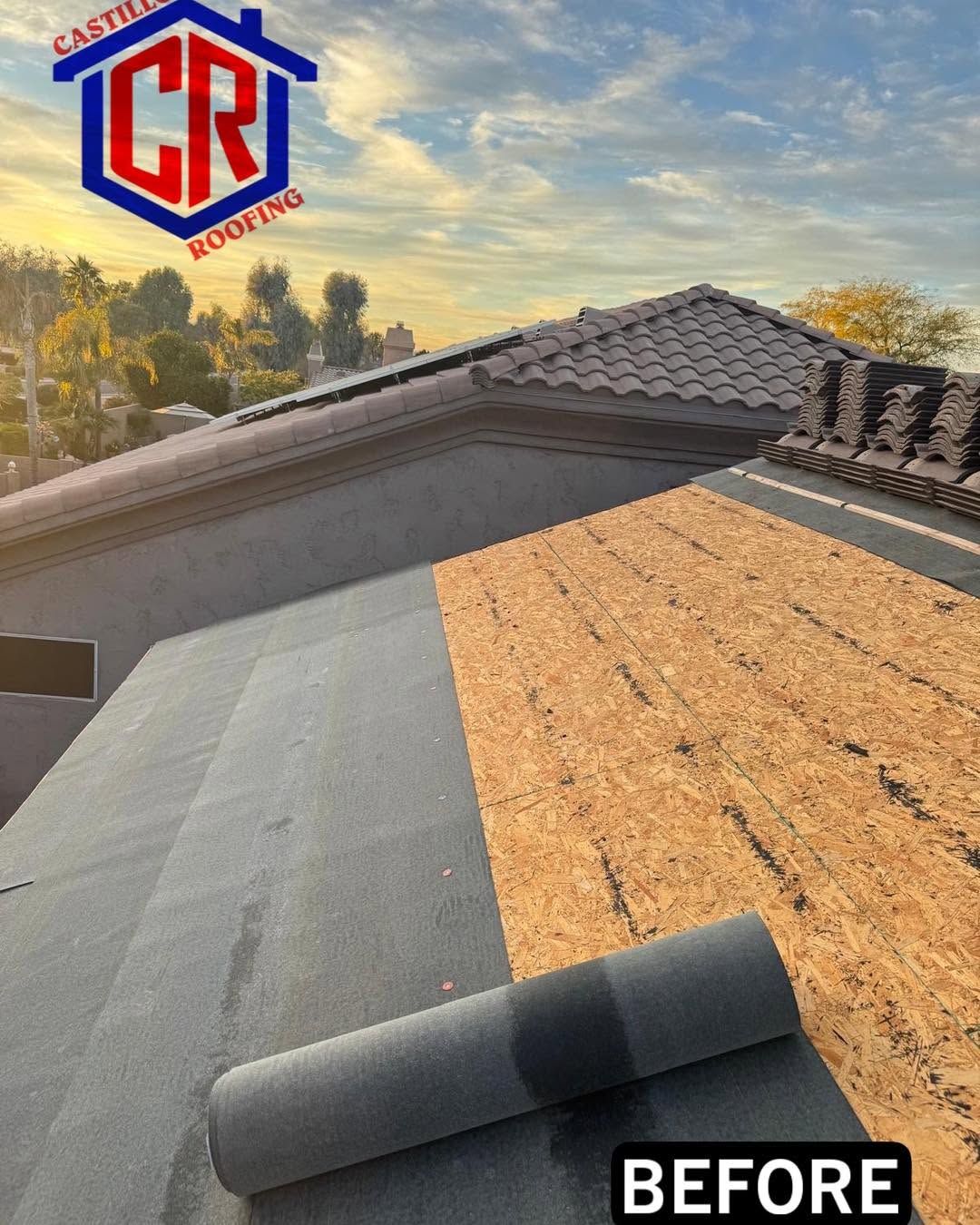 Roof repair with underlayment and shingles partially installed, marked “BEFORE.”