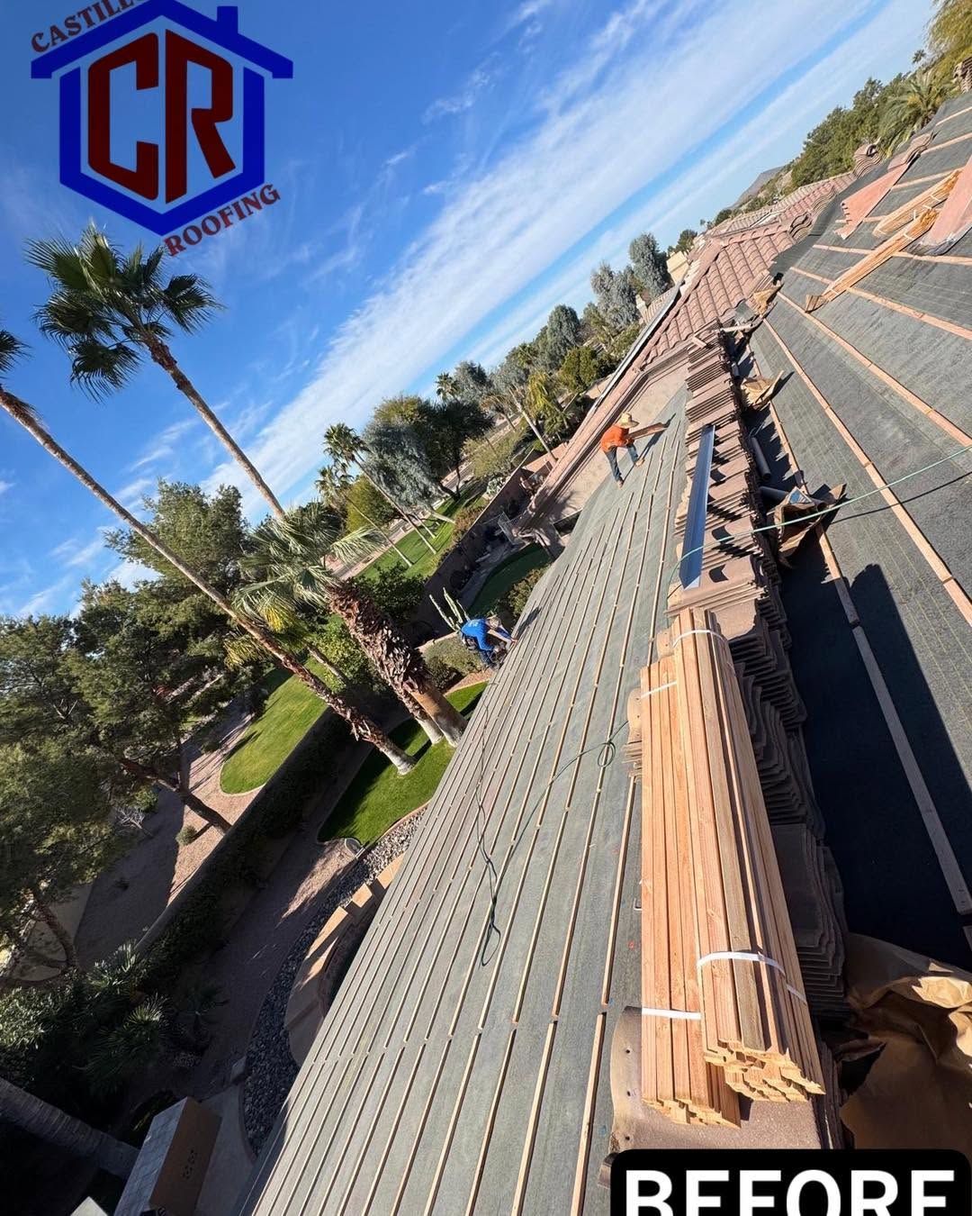 Roof under repair with removed shingles, exposed plywood, and workers on a sunny day, labeled “BEFORE”