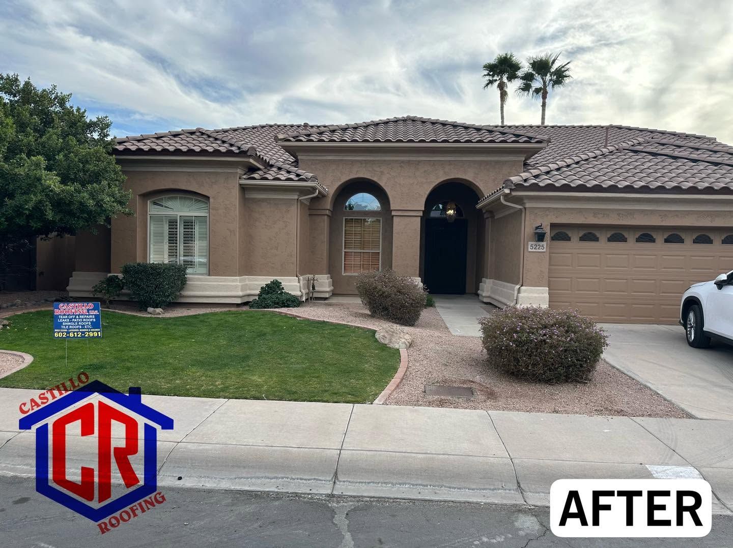Single-story stucco house with new front landscaping and driveway, labeled “AFTER”