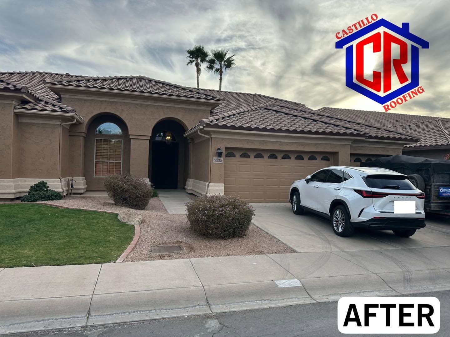 Front view of a stucco house with a white SUV parked in the driveway and an “AFTER” label.