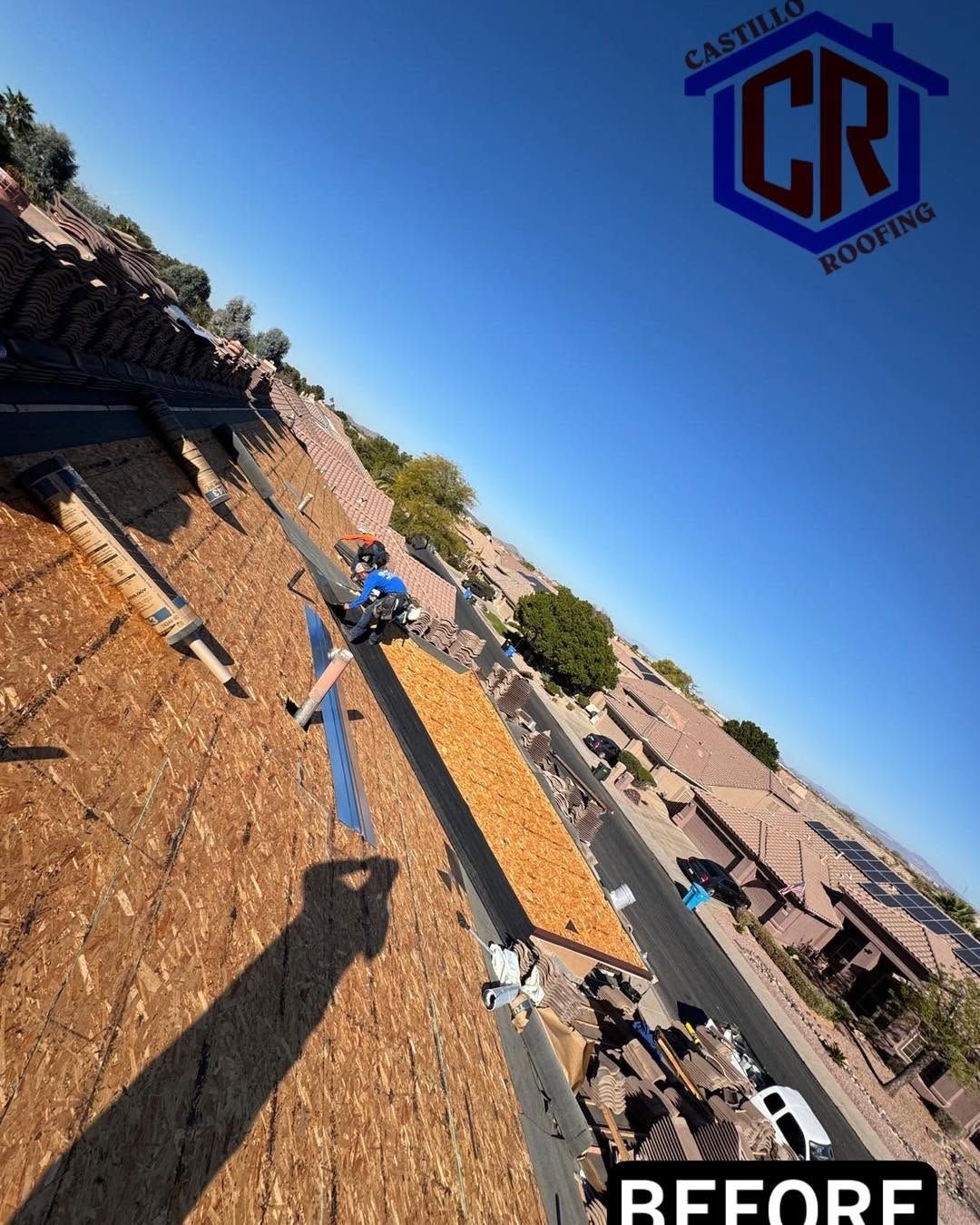 Worker on a sloped rooftop using a harness and blue safety rope, with a clear sky and “BEFORE” label.
