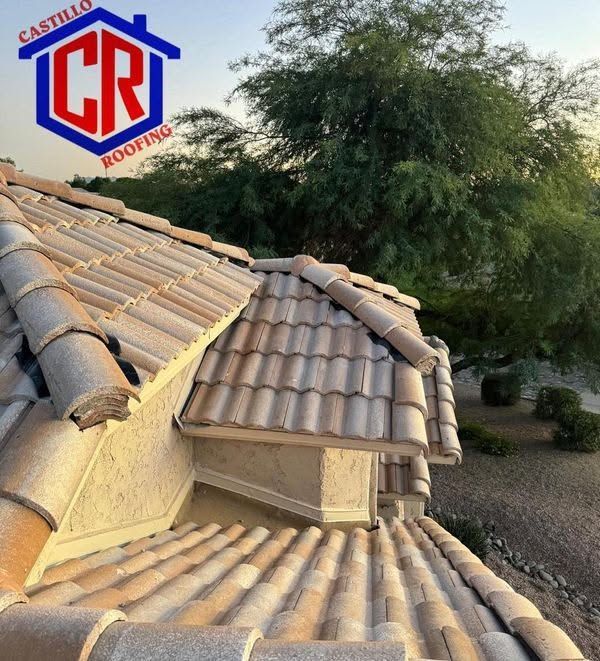 Reddish-brown tiled roof with a small dormer above a tree-lined yard at sunset