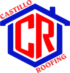 Castillo Roofing logo with red CR letters inside a blue house outline