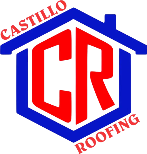 Castillo Roofing logo with red CR letters inside a blue house outline