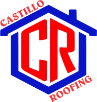 Castillo Roofing logo with red CR letters inside a blue house outline