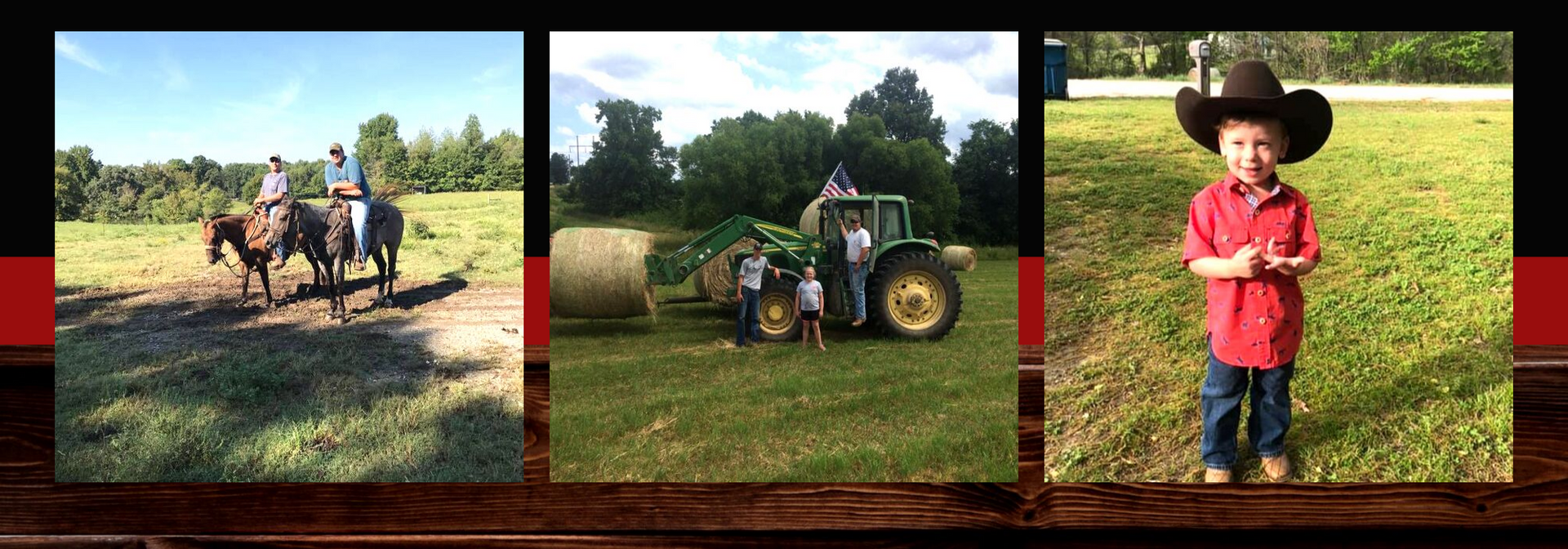 Three-panel farm scene: two riding horses, a tractor in a field, and a child in a cowboy hat.