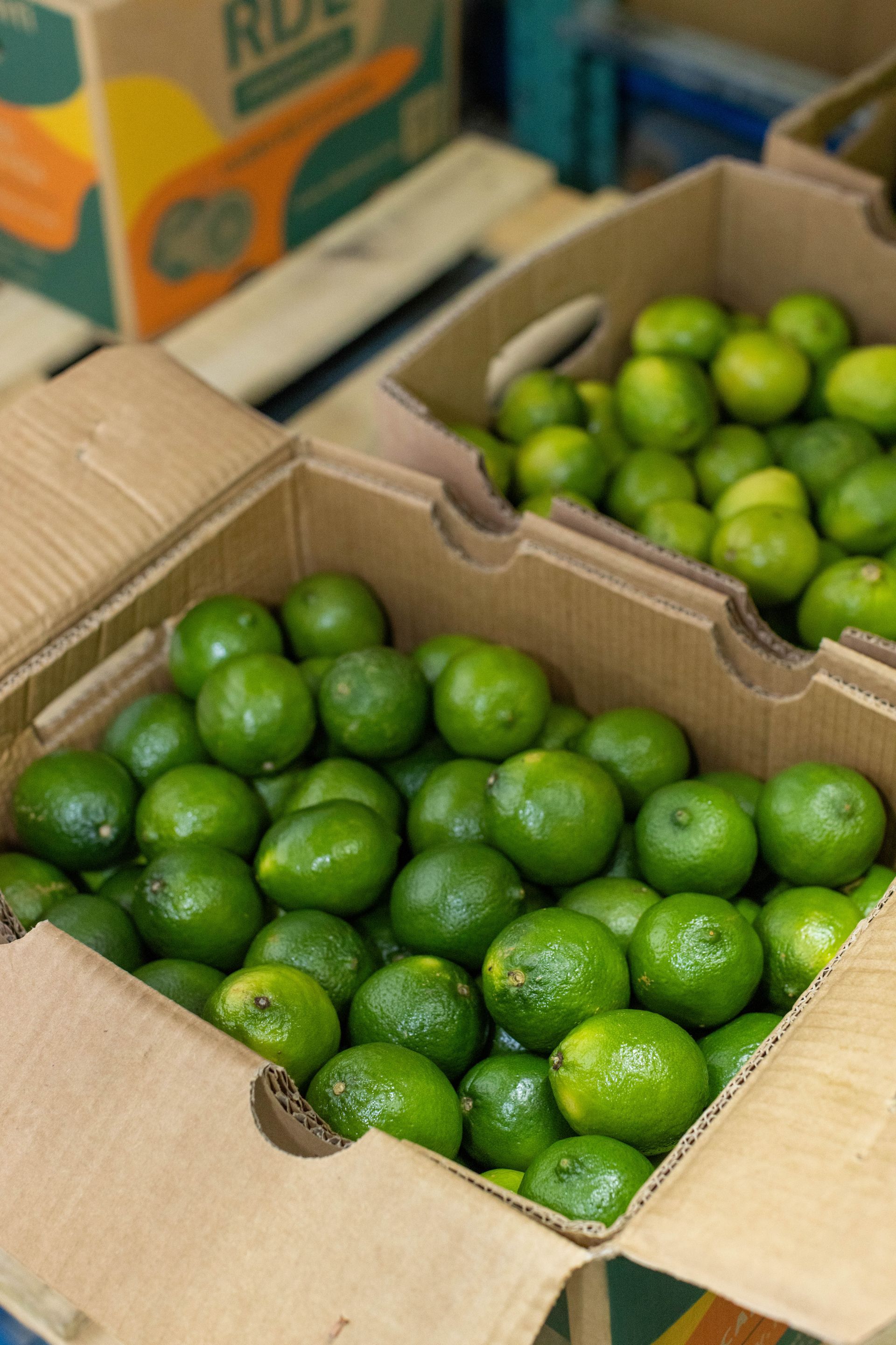 Boxes overflowing with green limes.